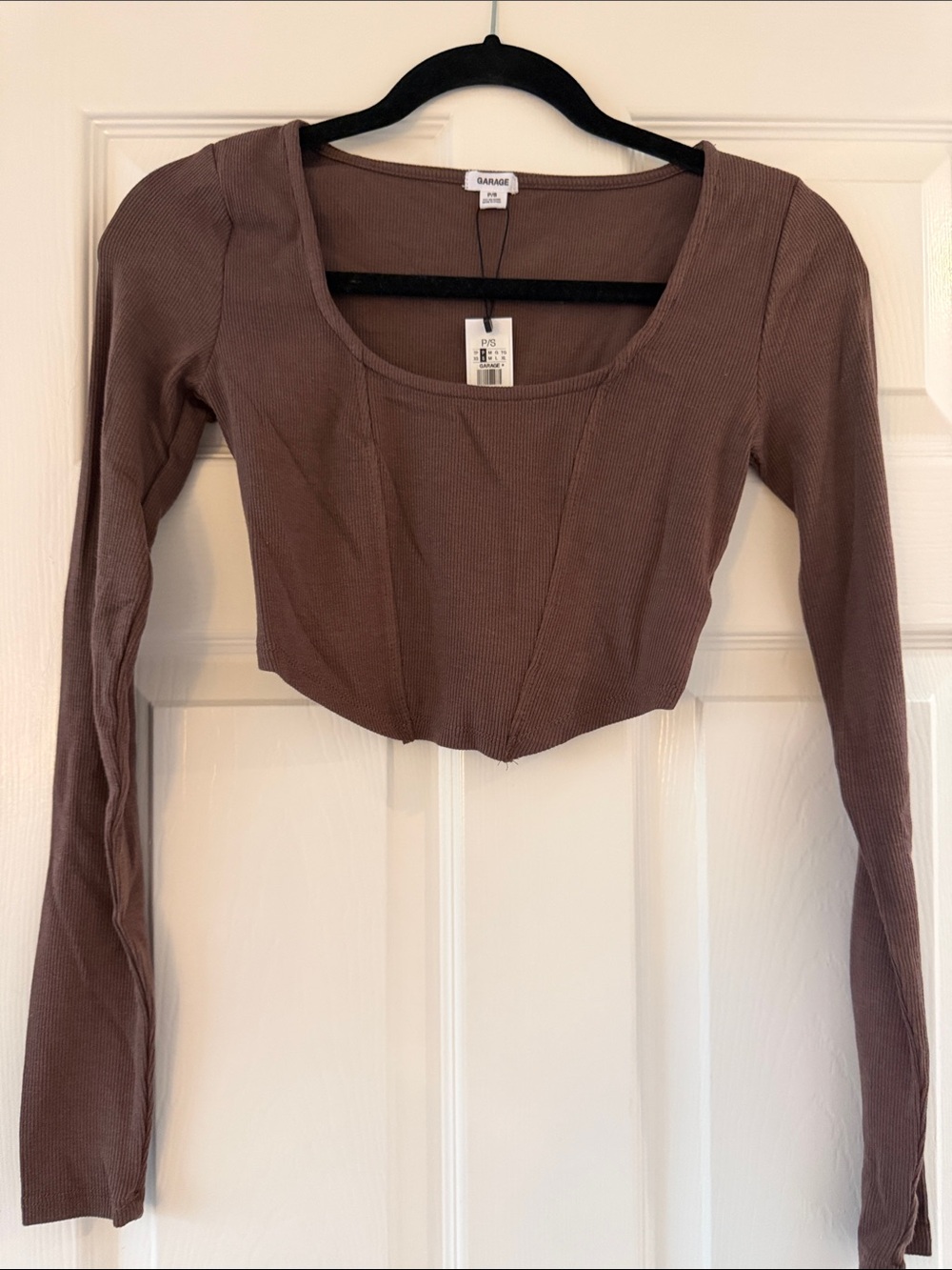 Garage Brown Ribbed Long-Sleeve Cropped Top